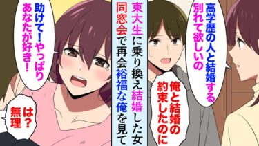 【セカイノフシギ】【漫画】高校時代から結婚を約束していた彼女「東大卒の彼と結婚する、別れて」→数年後、同窓会。俺を見下してフッた元彼女が復縁要請してきた「お願い！助けて！」【マンガ動画】